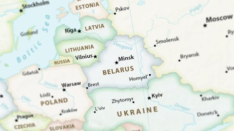 Belarus on a political map of the world. Video defocuses showing and hiding the map (4K UHD).