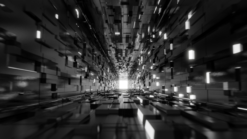 Flythrough sci-fi abstract cubic corridor black and white 3d animation
4K futuristic tunnel with glowing neon lights lining the walls of the pathway and blinking randomly, minimalist black Royalty-Free Stock Footage #1046075755