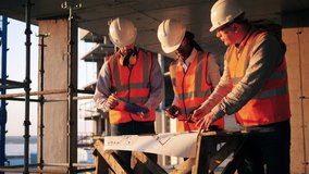 Three engineers work with a blueprint in a building. Construction contractor working on a construction site. - Powered by Shutterstock - Get 15% off with code: PIKWIZARD15
