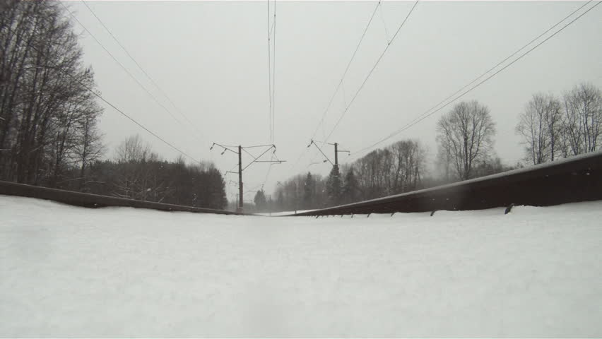 train in winter, view from below