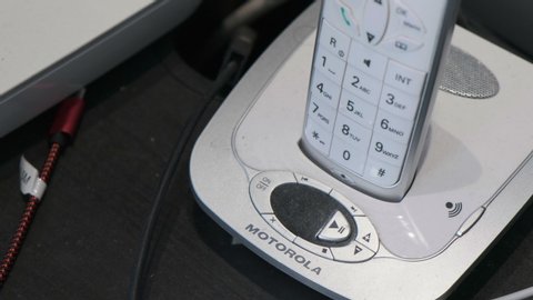 voice mail missed calls flashing alert of on a motorola landline cordless phone in Bologna, Italy, 02 Feb 2020