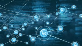 Animation of network of connections and icons moving over digital data processing and scrolling on clouds moving on blue background. Digital network of global connections networking business concept. - Powered by Shutterstock - Get 15% off with code: PIKWIZARD15