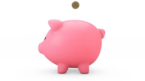 3d animation of Golden coins falling into a piggy bank. Pink piggy bank Get bigger when receiving coins .Money saving concept.Isolated