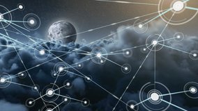 Animation of network of connections and spots, data processing  moving over moon and clouds passing on grey sky in the background. Digital network of global connections networking business concept. - Powered by Shutterstock - Get 15% off with code: PIKWIZARD15