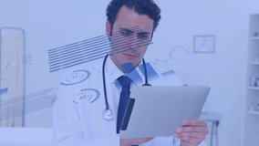 Animation of business data processing with financial growth charts and statistics moving with Caucasian male doctor using tablet computer in the background. Global finance business growth concept. - Powered by Shutterstock - Get 15% off with code: PIKWIZARD15