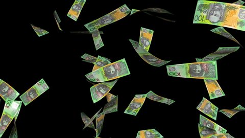 Falling and tumbling Australia Australian $100 one hundred dollar money notes bills with alpha matte in 4k resolution