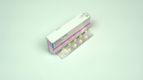 Valderrobres, España; February 7 2020: box of valium pills in white background