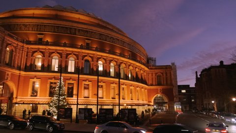 LONDON, circa 2020 - Twilight close-up shot of the Royal Albert Hall in London, England, UK, a concert hall opened by Queen Victoria in 1871