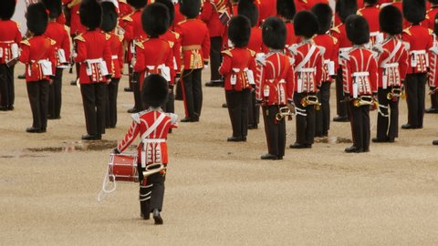 LONDON, circa 2019 - The musicians of the foot guards marching along Horse Guards Parade during the Trooping the Colour event