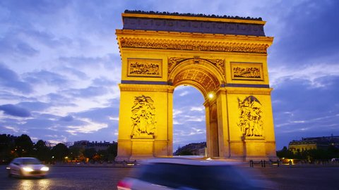Paris, France, Arch of triumph and Champs Elysees at night, time-lapse in motion, hyperlapse. 