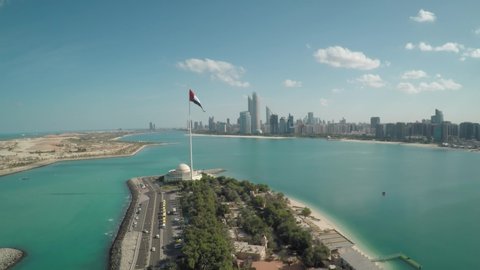 25 May 2018 Abu Dhabi, UAE: Abu Dhabi city skyline with skyscrapers Breakwater near cultural village.