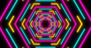 VJ loop sci-fi futuristic tunnel in hexagon form. Fluorescent synthwave colorful pattern. Glowing bright neon lines background. 4k endless VJ motion