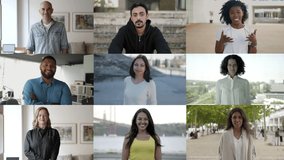 Cheerful multiracial men and women. Split screen collage of cheerful multiethnic men and women posing and looking at camera. Facial expression concept