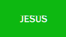 Video footage of Jesus word on glitch distorted screen with different color of green, blue and black background