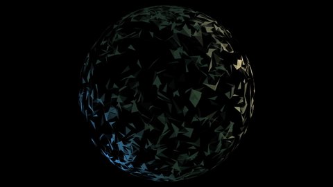 Abstract globe with polygonal geometric surface looking like cracked glass particles or crystals over black background.