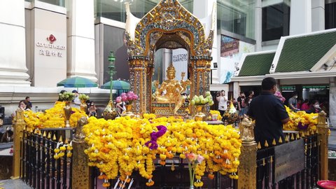 BANGKOK,THAILAND-JANUARY 30: Close-up on the Famous Erawan Shrine in Bangkok Thailand on January 30,2020. Erawan Shrine is a Must Visited Place for Tourist Who Travel to Thailand