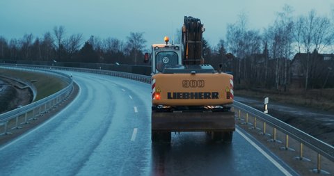 Leuna, Germany February 04 2020: Liebherr 900 Excavator driving slowly on a new road