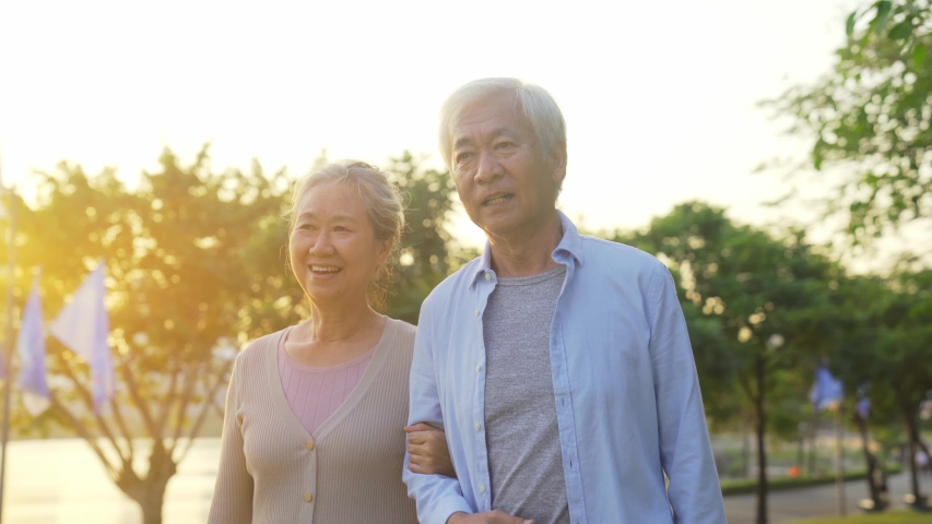loving old asian couple walking talking outdoors in park Royalty-Free Stock Footage #1046166073