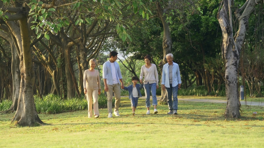 happy multi generation asian family having a good time walking in park Royalty-Free Stock Footage #1046166085