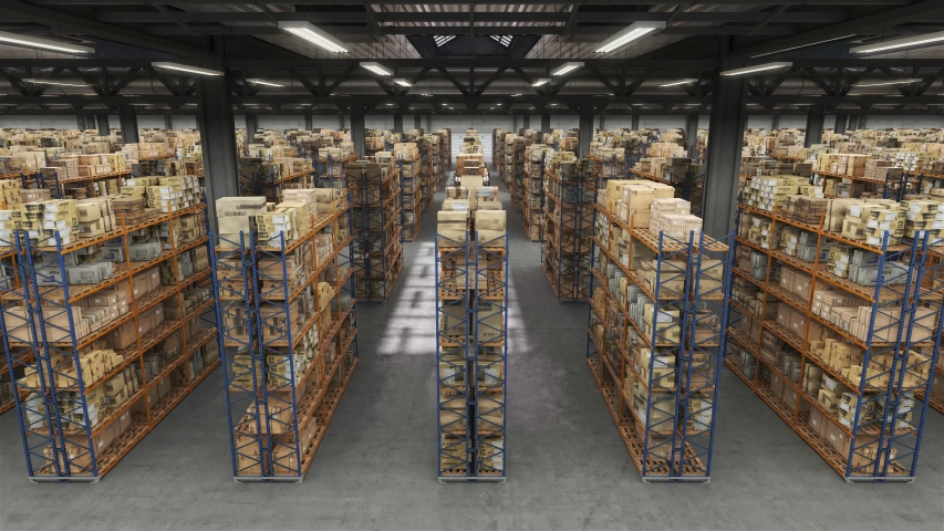 Horizontal camera move along the rows shelves with cardboard boxes. Industrial interior hall storage room. Logistics modern center interior full of racks with with large number packs.  Royalty-Free Stock Footage #1046167852