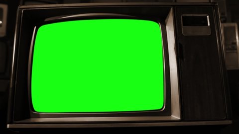 Retro Wood Style TV Set with Green Screen. Sepia Tone. Dolly In. You can Replace Green Screen with the Footage or Picture you Want with “Keying” effect in After FX (check out tutorials on YouTube).