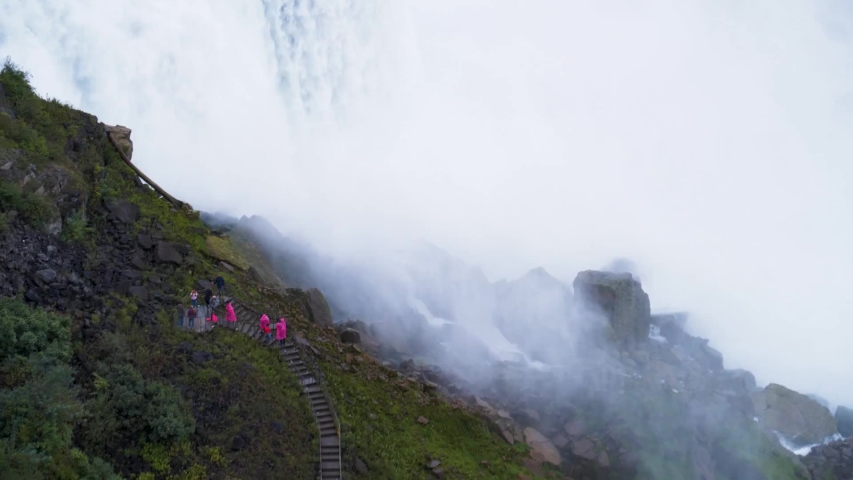 niagara falls waterfall tourists below aerial canada new york