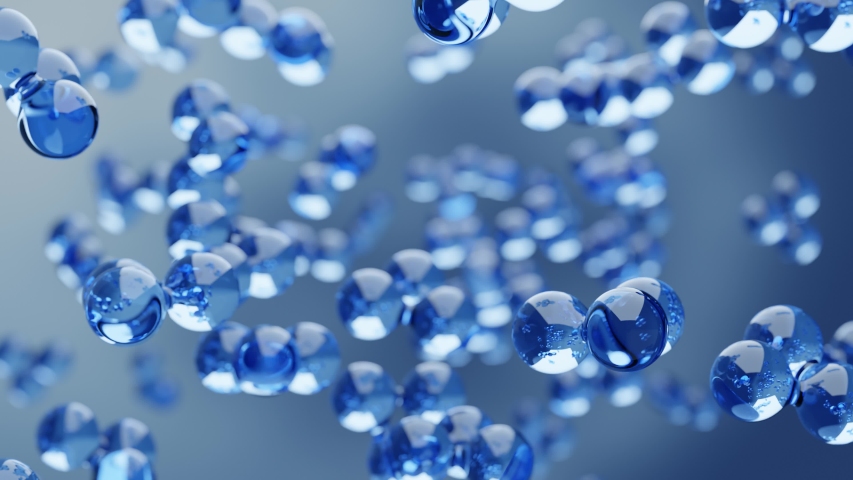 Abstract water hydrogen and oxygen glass molecules floating in blue fluid background with selective focus - environment, water or clean energy concept, loopable 4K UHD