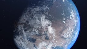 Space view on planet Earth from low orbit. Our planet. View from Space. View from Satellite. Cities and countries at Night. Changing from Night to Day. 3d Animation. Earth with atmosphere.
