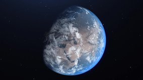 Space view on planet Earth from low orbit. Our planet. View from Space. View from Satellite. Cities and countries at Night. Changing from Night to Day. 3d Animation. Earth with atmosphere.