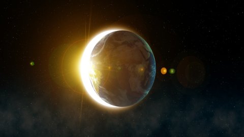 Highly detailed realistic epic sunrise over planet earth. Night skyline view from space globe lights up on morning from the sun. 3d rendering animation using satellite imagery NASA in 4k.