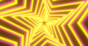 Abstract VJ loop sci-fi futuristic tunnel in rotating star form. Fluorescent retrowave yellow and pink pattern. Glowing bright neon lines background. 4k endless VJ motion