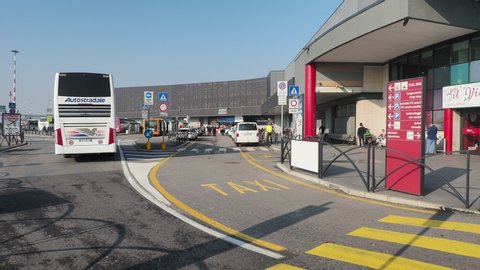 Bergamo, Italy. February 7, 2020. Milan-Bergamo international airport. Pullman at the main building of the arrivals and departures. The airport is located 50 kilometers north of Milano