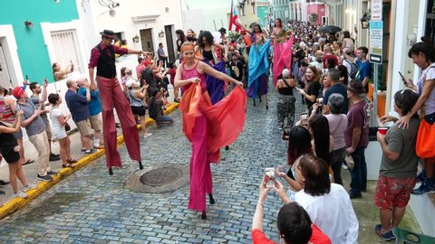 San Juan, Puerto Rico - January 16, 2020: Inaugural dancing and costume parade (comparsa) of the SANSE CARNIVAL, one of the most famous festivities in the Caribbean - Fiestas de la Calle San Sebastian