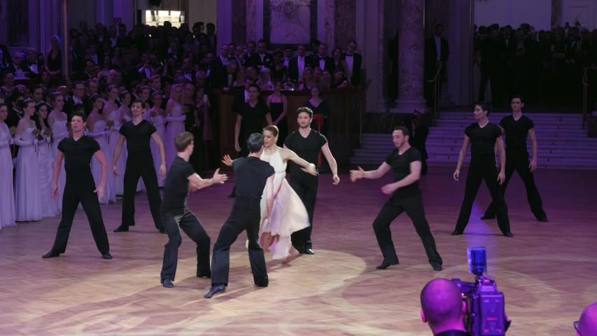 VIENNA AUSTRIA JAN 18 2018 opening ceremony Viennese waltzing ball prom dance at Hofburg Palace, close up Vienna State Ballet dancer, solo ballerina Rebecca Horner, dancing Bolero, classical music