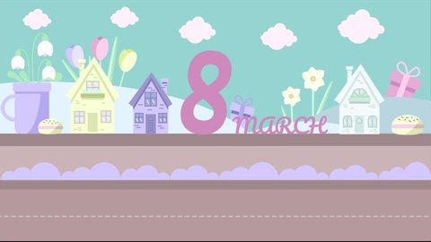 
Animated cartoon video clip for International Women's Day. A small pink car rides along the street with congratulations on March 8. In the video, snowdrops, tulips and spring flowers.Vector animation