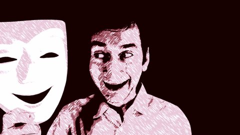Stitch drawing effect: a man hiding behind a theatrical white mask, removing it, revealing a cute smile. Happy kind people and their best side.
