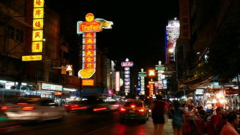 BANGKOK, THAILAND - SEPTEMBER 11, 2016: timelapse of Chinatown (Yaowarat) at night, the big market shopping and street food in Bangkok. most popular travel destination and attraction for tourist 