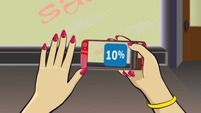Holding a touch screen device. Cartoon animation. The hand holds a smartphone. Throws the percent icon to the side with the index finger. In the foreground is a shop window. Discount sale offer. 4К 