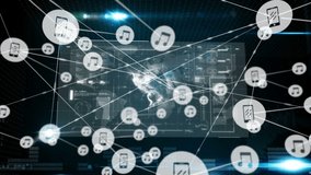 Animation of data processing and network of connections with smartphone and music icons with screen on blue background. Global networking. - Powered by Shutterstock - Get 15% off with code: PIKWIZARD15