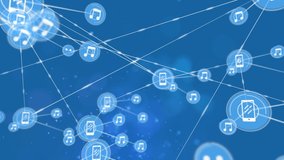 Animation of data processing and network of connections with smartphone and music icons with spots of light on blue background. Global networking. - Powered by Shutterstock - Get 15% off with code: PIKWIZARD15