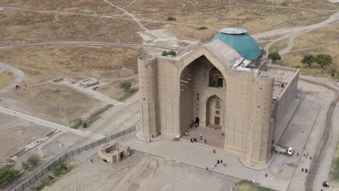 Aerial flight around the Mausoleum of Khoja Ahmed Yasawi in Turkistan, Kazakhstan.