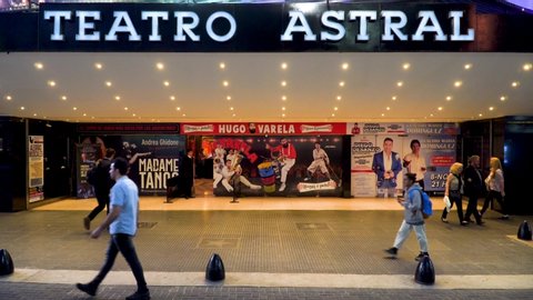 Buenos Aires / Argentina - 11 05 2019: People walking in front of Astral Theater in Corrientes Avenue
