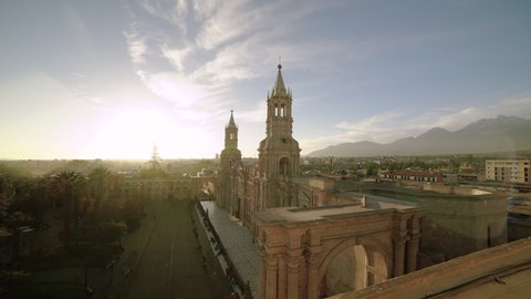 Time-lapse video of Sunset over Arequipa, Peru. Scenic view of Plaza de Armas and Basilica Cathedral with Volcán Misti and the Andes Mountains in the background. Short 10 seconds version.