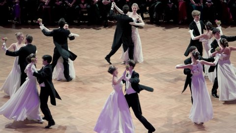VIENNA AUSTRIA JAN 18 2018 opening ceremony of a traditional Viennese waltzing ballroom prom dance at Hofburg Palace, close top shot of Waltz dance formation dancing to classical Austrian waltz music