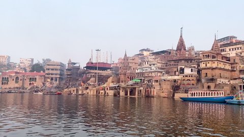 View of Ganga or Ganges River with Ghats and City of Varanasi India