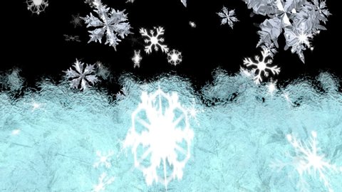 Animation of frost setting on glass, transitioning and disappearing in cold winter with snowflakes falling on on black background. Cold weather climate change domestic heating concept.