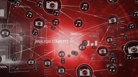 Animation of data processing and network of connections with camera and music icons on red background. Global networking. 3d digital design composite video animation. - Powered by Shutterstock - Get 15% off with code: PIKWIZARD15