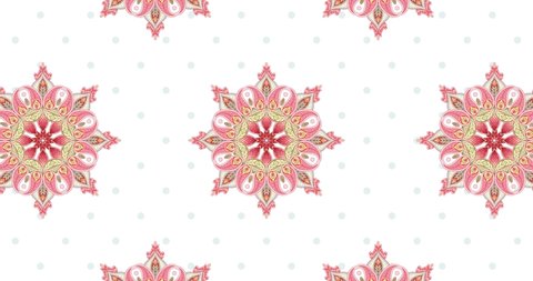Symmetrical animated background for wedding or festive oriental design. Indian floral round ornament with peacock feathers and paisley rotates on polka dots background. Motion design made of vector
