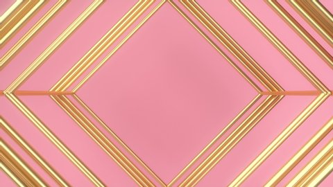Golden rotating lattice cubes isolated on pink background. 3d animation. Geometric fashion composition. Motion design seamless pattern. 4K UHD render. Minimalist advertising backdrop.