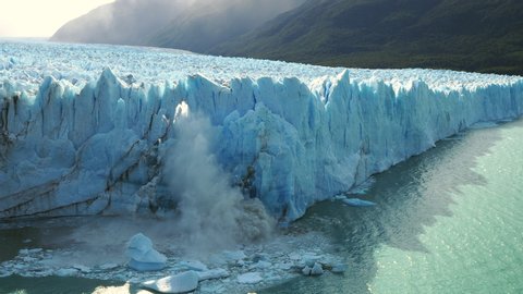 Perito Moreno Glacier in Los Glaciares National Park near El Calafate, Patagonia, Argentina, view of ice chunks collapsing into the water. 